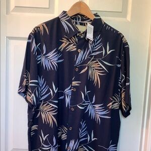 Tropical Leaf Print Men's Shirt 100% Silk Navy/Blue/Tan NWT